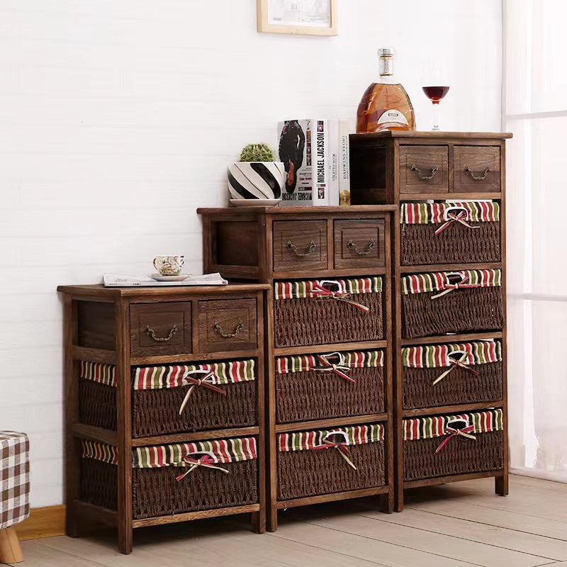 Rustic Paulownia Wood Striped Fabric Rattan Cube Storage