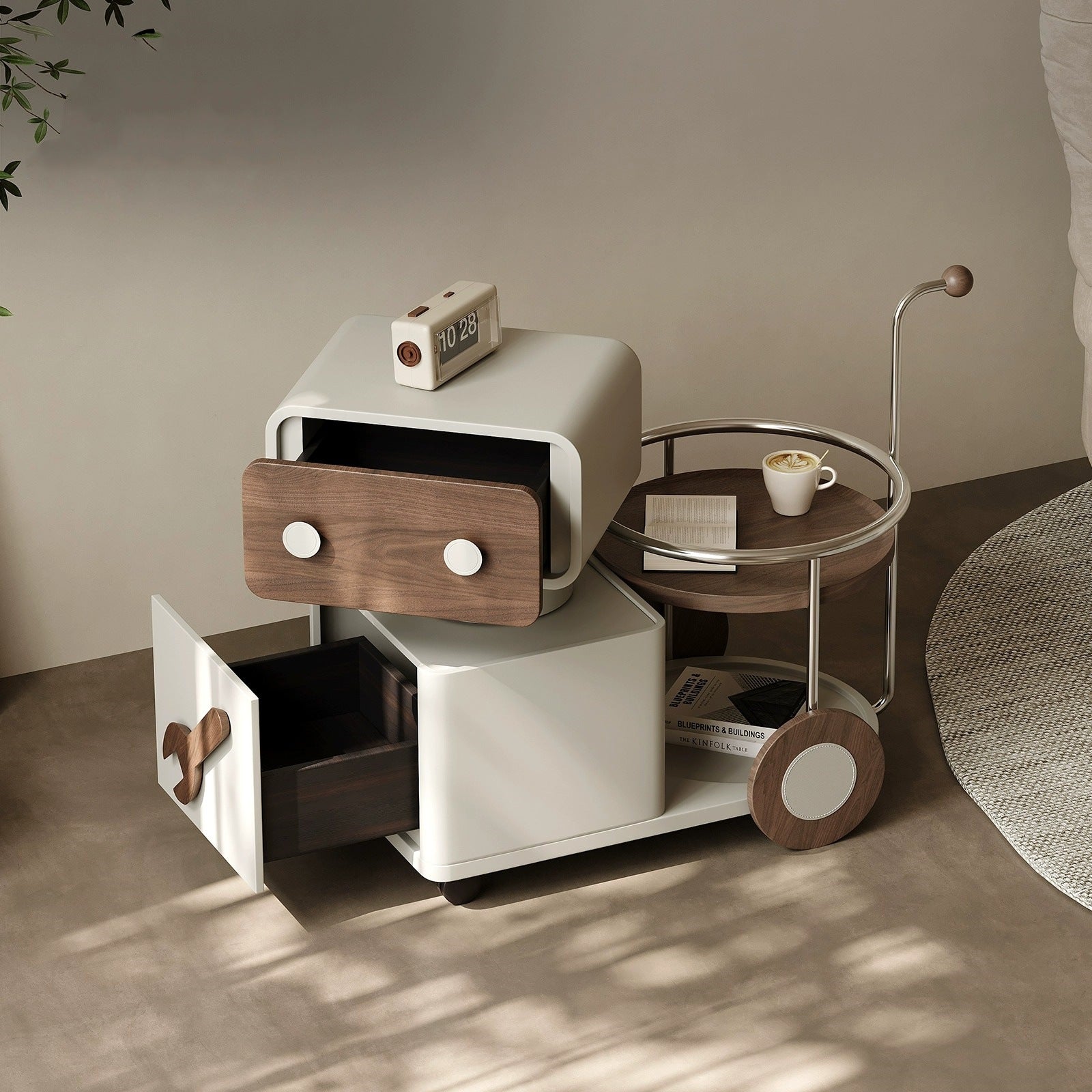 Contemporary Walnut Rotatable Robot Side Table