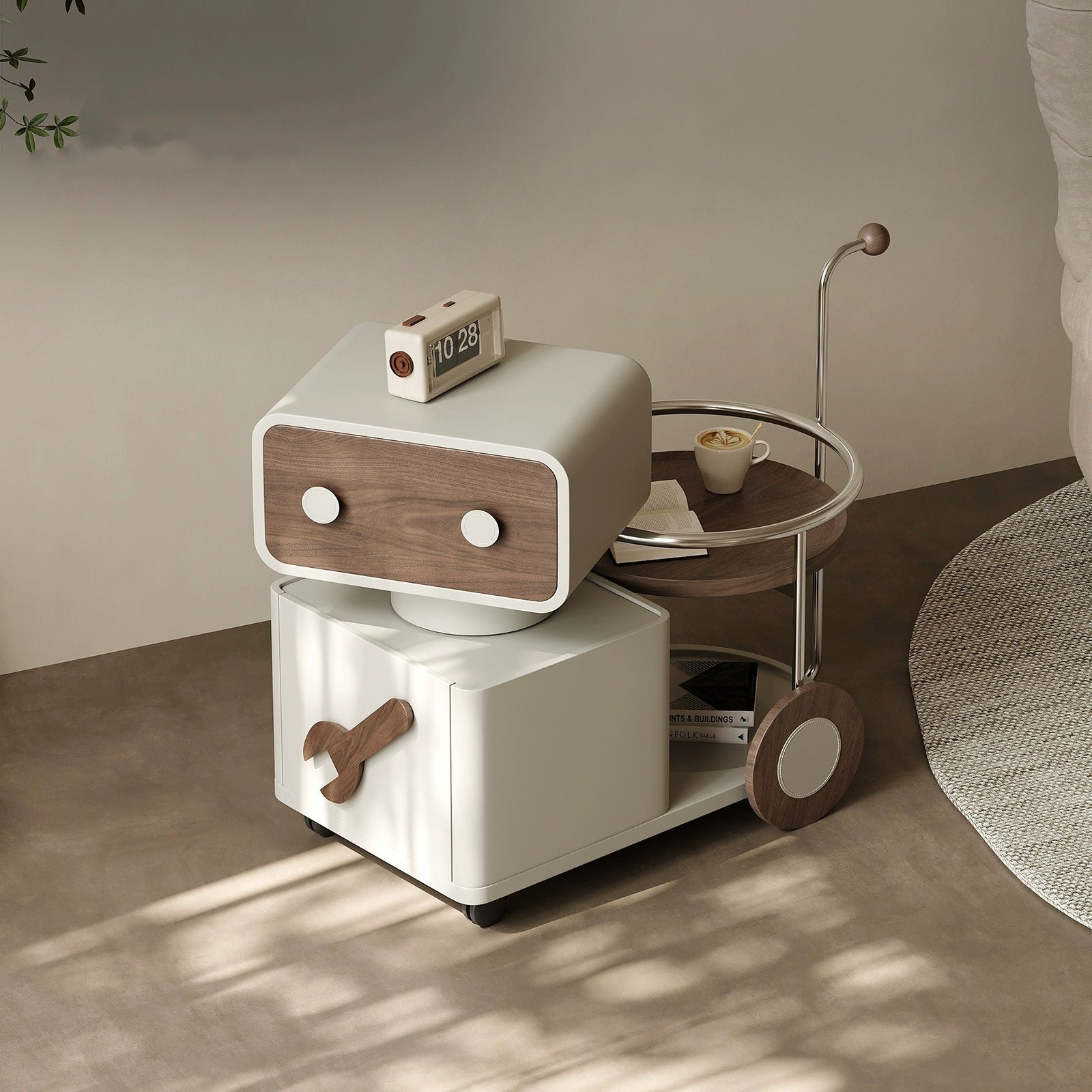 Contemporary Walnut Rotatable Robot Side Table