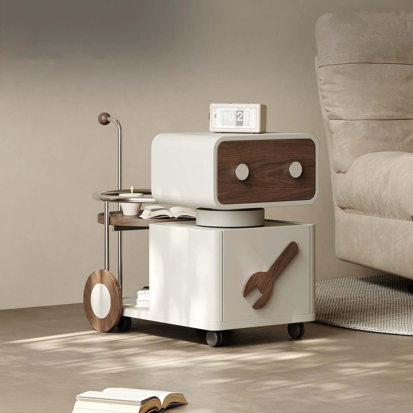 Contemporary Walnut Rotatable Robot Side Table