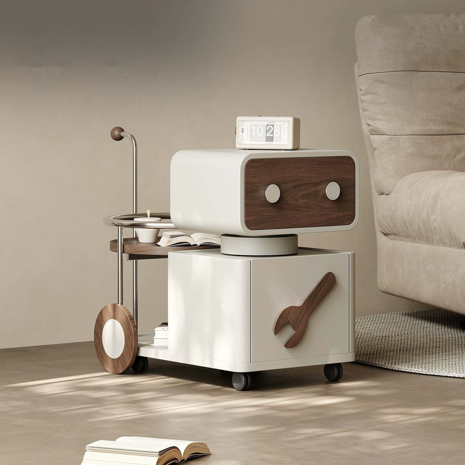 Contemporary Walnut Rotatable Robot Side Table