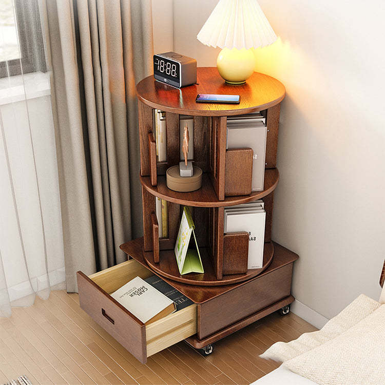 Contemporary Solid Wood Rotatable Bookshelf Round Nightstand