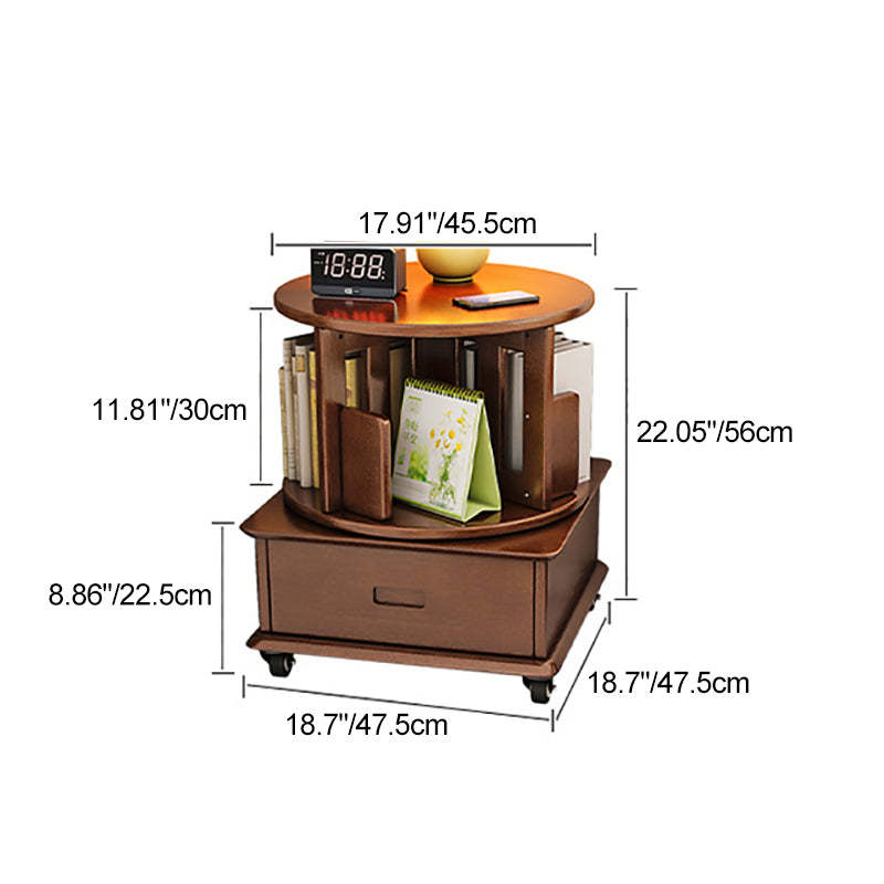 Contemporary Solid Wood Rotatable Bookshelf Round Nightstand — 3 / Walnut Color