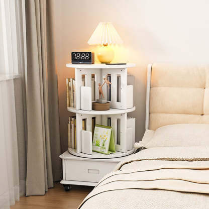 Contemporary Solid Wood Rotatable Bookshelf Round Nightstand