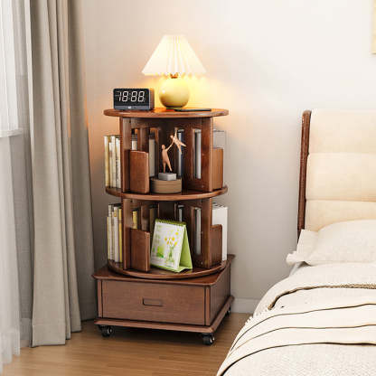 Contemporary Solid Wood Rotatable Bookshelf Round Nightstand