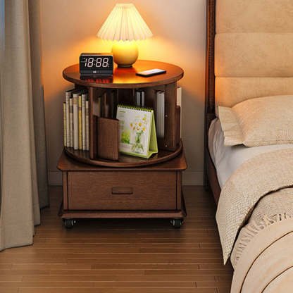 Contemporary Solid Wood Rotatable Bookshelf Round Nightstand