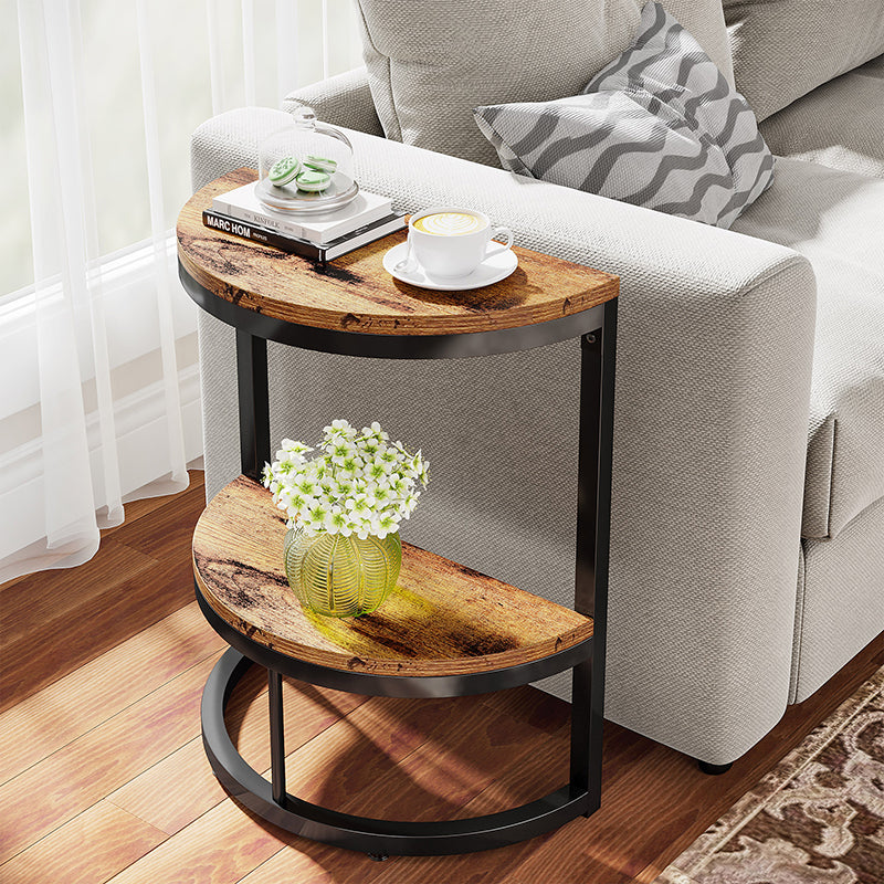 Nordic Semicircle Wood Iron 2-Tier End Table — Brown