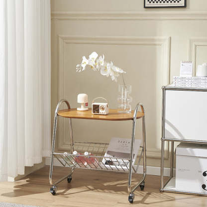 Nordic Trapezoid Boxwood Steel 2-Tier Side Table — Cherry Wood Color