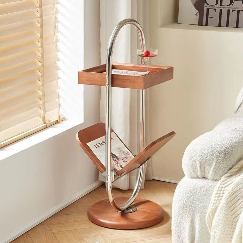 Retro Geometry Pine Steel 2-Tier Bookshelf — Walnut Color