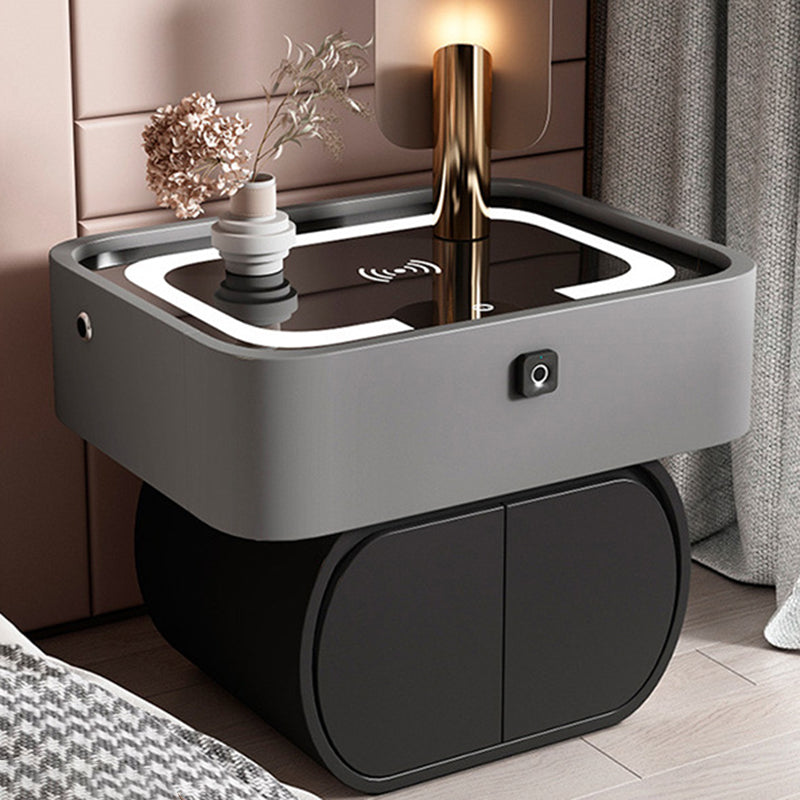 Nordic Glass Pine Leather 2-Drawer Nightstand — Touch Light + Wireless + USB + Fingerprint Lock + Speaker / Gray + Black
