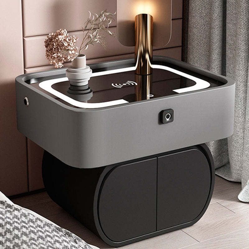 Nordic Glass Pine Leather 2-Drawer Nightstand — Touch Light + Wireless + USB + Fingerprint Lock + Speaker / Gray + Black
