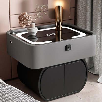 Nordic Glass Pine Leather 2-Drawer Nightstand — Touch Light + Wireless + USB + Fingerprint Lock + Speaker / Gray + Black