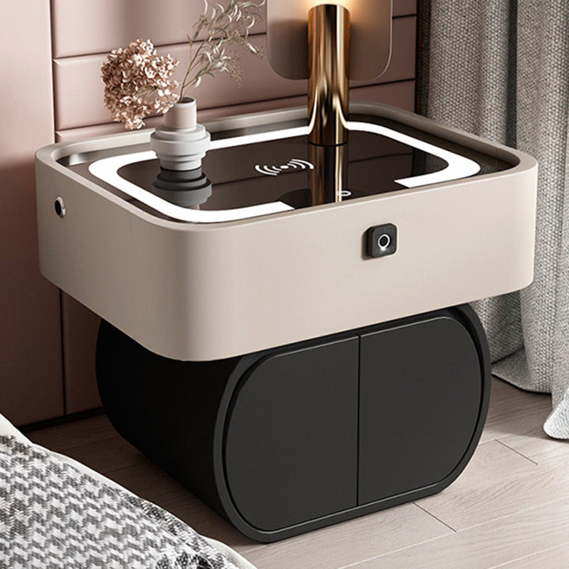 Nordic Glass Pine Leather 2-Drawer Nightstand — Touch Light + Wireless + USB + Fingerprint Lock + Speaker / Khaki + Black
