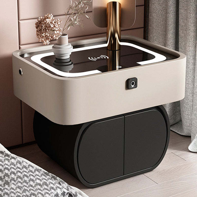 Nordic Glass Pine Leather 2-Drawer Nightstand — Touch Light + Wireless + USB + Fingerprint Lock + Speaker / Khaki + Black