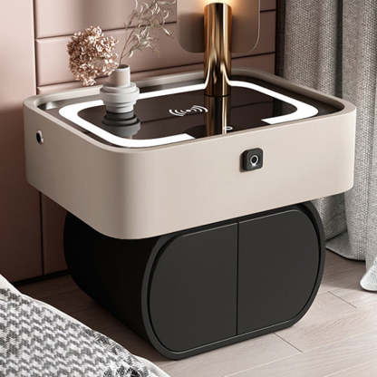 Nordic Glass Pine Leather 2-Drawer Nightstand — Touch Light + Wireless + USB + Fingerprint Lock + Speaker / Khaki + Black