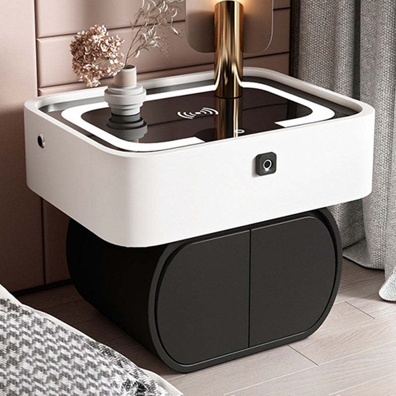 Nordic Glass Pine Leather 2-Drawer Nightstand — Touch Light + Wireless + USB + Fingerprint Lock + Speaker / White + Black