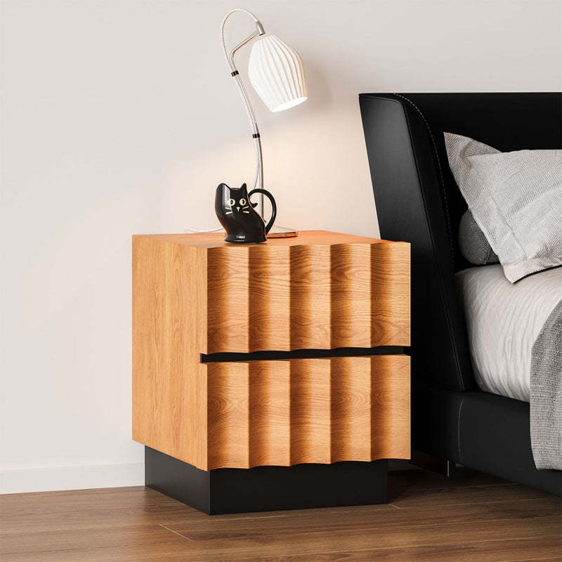 Retro Water Ripple Pine Nightstand 2-Drawer