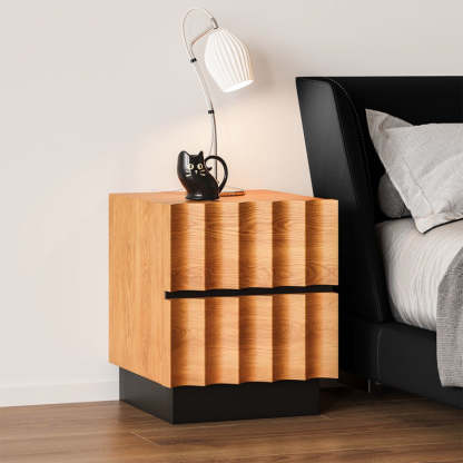 Retro Water Ripple Pine Nightstand 2-Drawer