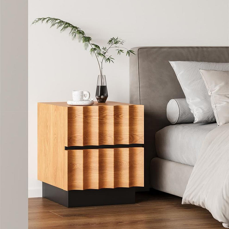 Retro Water Ripple Pine Nightstand 2-Drawer — Black