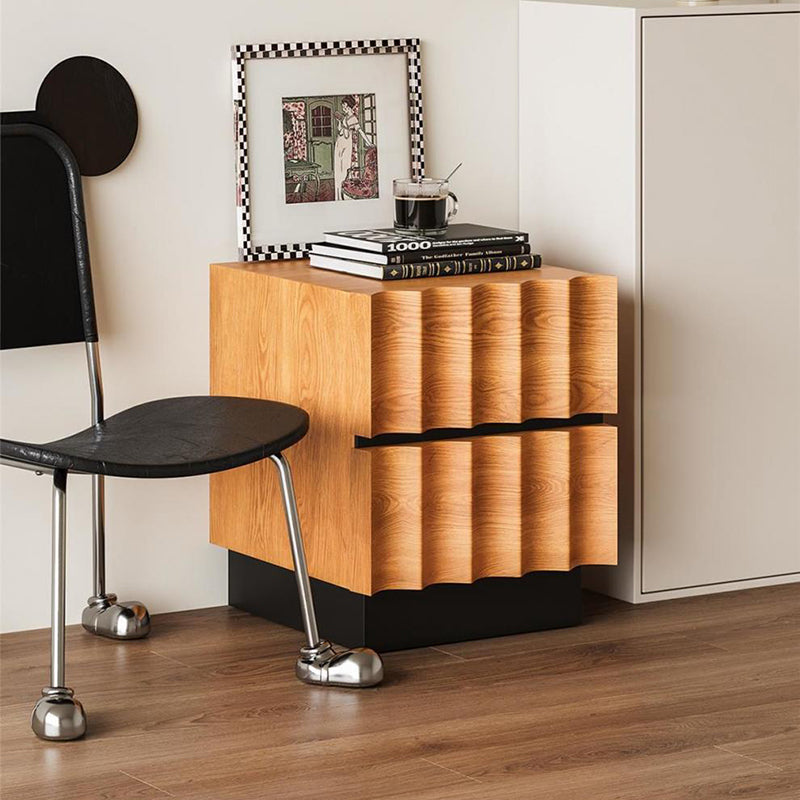 Retro Water Ripple Pine Nightstand 2-Drawer