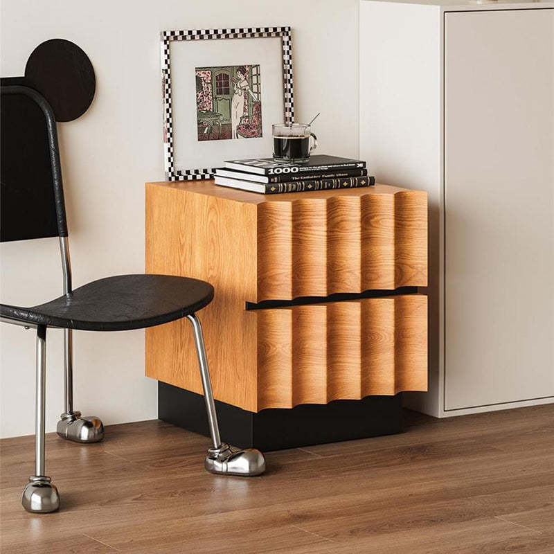 Retro Water Ripple Pine Nightstand 2-Drawer