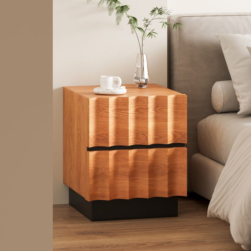 Retro Water Ripple Pine Nightstand 2-Drawer