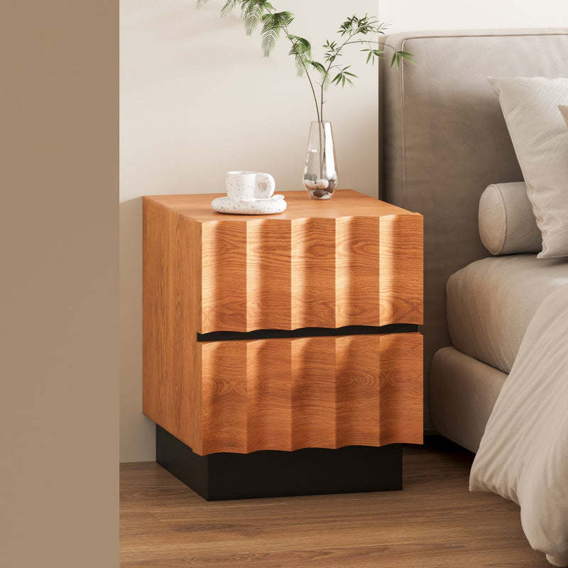 Retro Water Ripple Pine Nightstand 2-Drawer