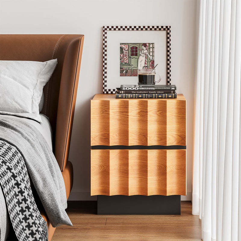 Retro Water Ripple Pine Nightstand 2-Drawer — Wood Color