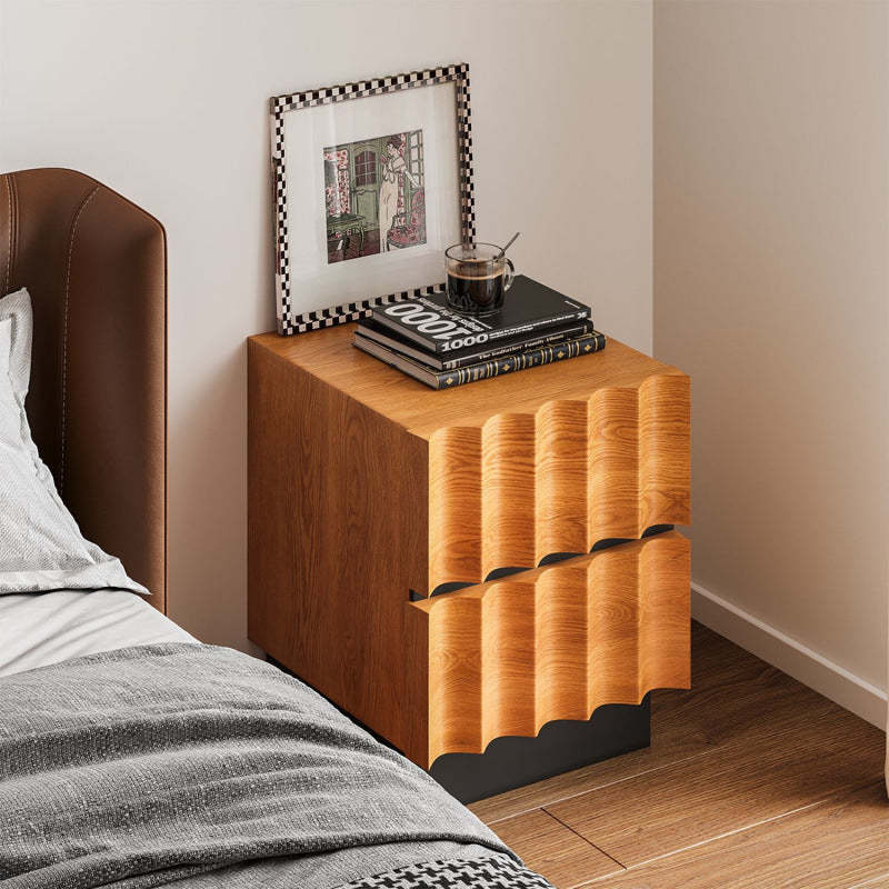 Retro Water Ripple Pine Nightstand 2-Drawer