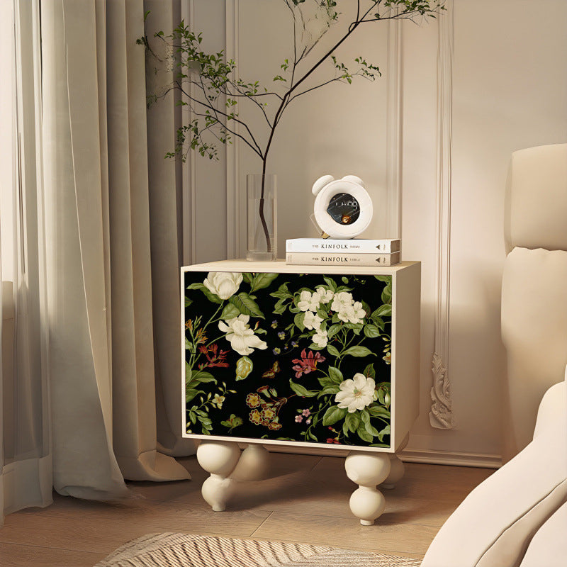 French Floral Solid Wood Ash 2-Drawer Nightstand — Straight Legs / Black