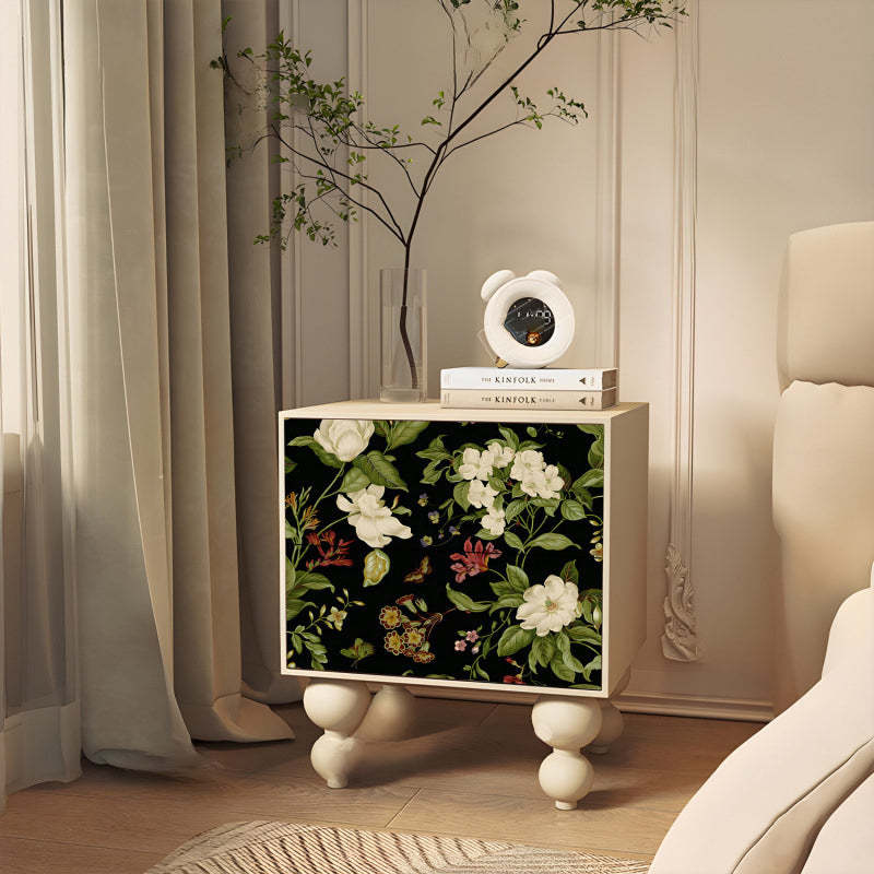 French Floral Solid Wood Ash 2-Drawer Nightstand — Straight Legs / Black