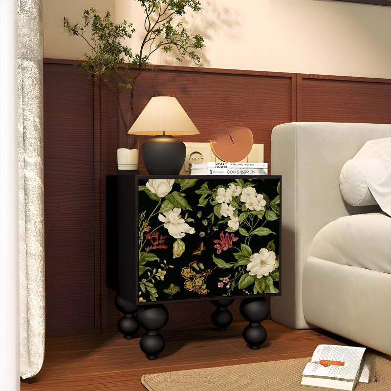 French Floral Solid Wood Ash 2-Drawer Nightstand — Round Legs / White