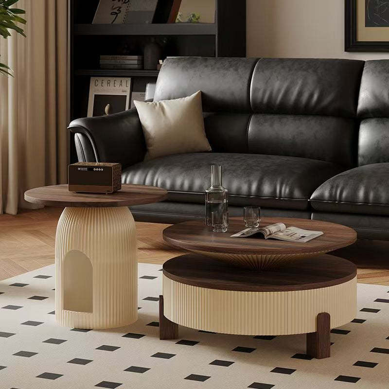 Nordic Wood Round Coffee Table 1-Drawer — Walnut + Black