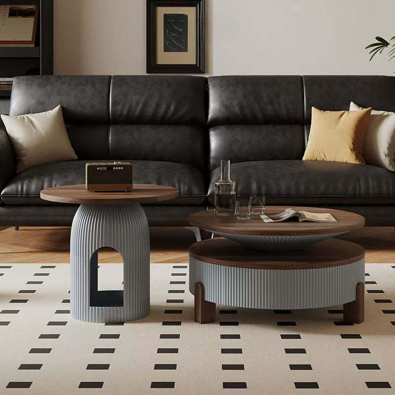 Nordic Wood Round Coffee Table 1-Drawer — Walnut + Gray