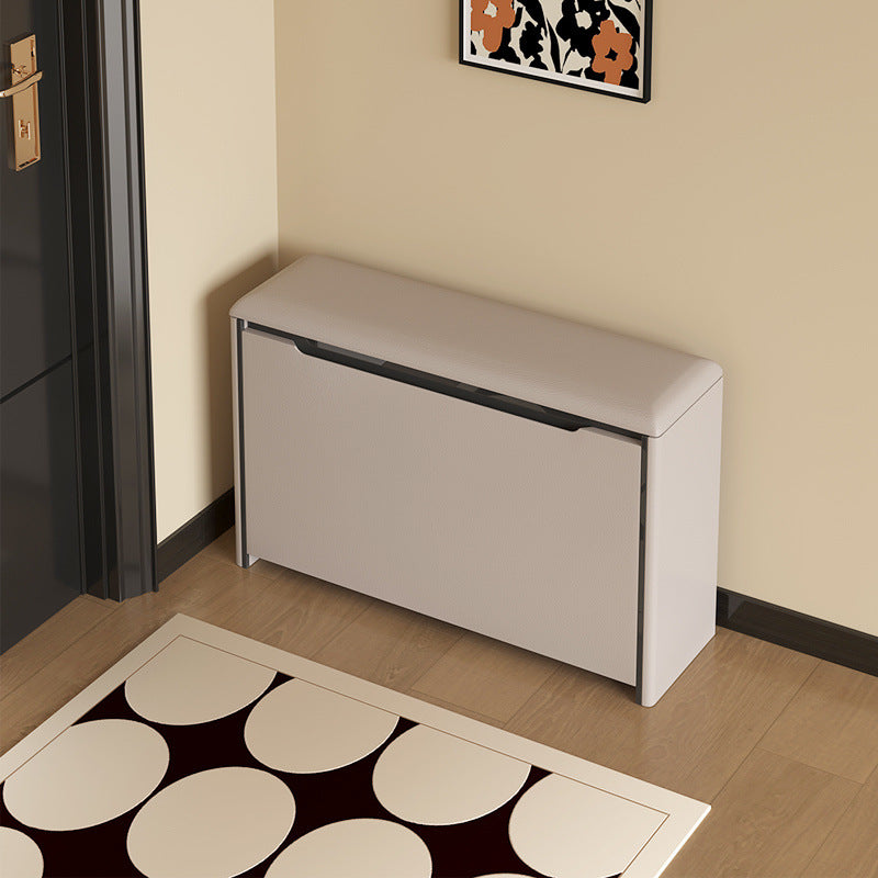 Minimalist Leather Pine 2-Tier Tipping Shoe Storage Bench — Khaki