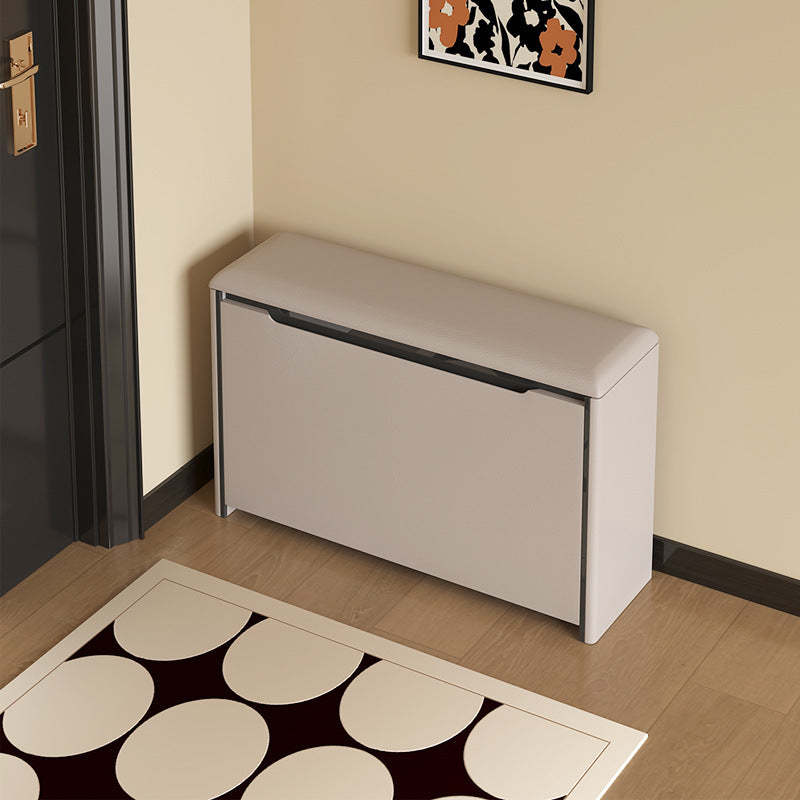 Minimalist Leather Pine 2-Tier Tipping Shoe Storage Bench — Khaki