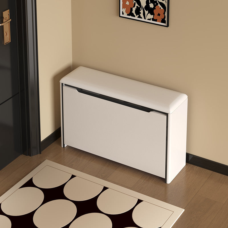 Minimalist Leather Pine 2-Tier Tipping Shoe Storage Bench — Off White