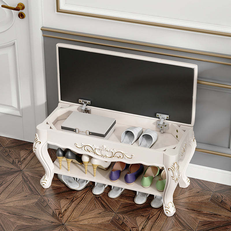 European Rectangular Engraved Leather Wood 2-Tier Footstool