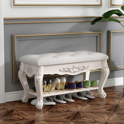 European Rectangular Engraved Leather Wood 2-Tier Footstool — Silver Engraving