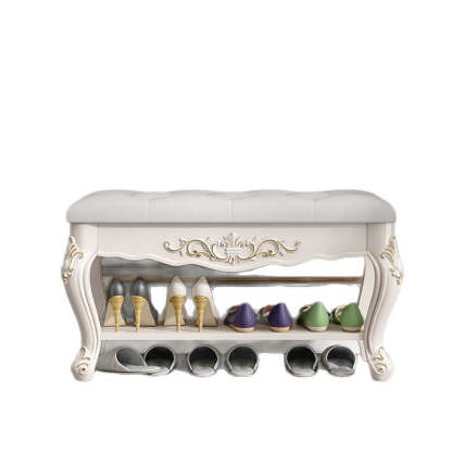 European Rectangular Engraved Leather Wood 2-Tier Footstool