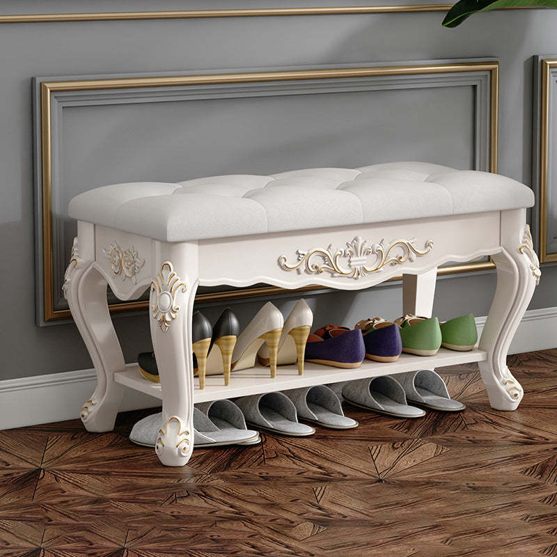 European Rectangular Engraved Leather Wood 2-Tier Footstool