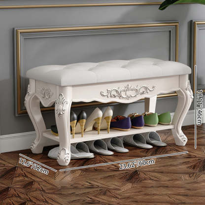 European Rectangular Engraved Leather Wood 2-Tier Footstool — Silver Engraving