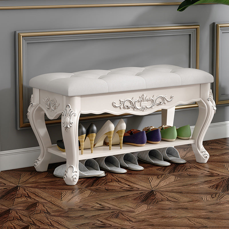 European Rectangular Engraved Leather Wood 2-Tier Footstool