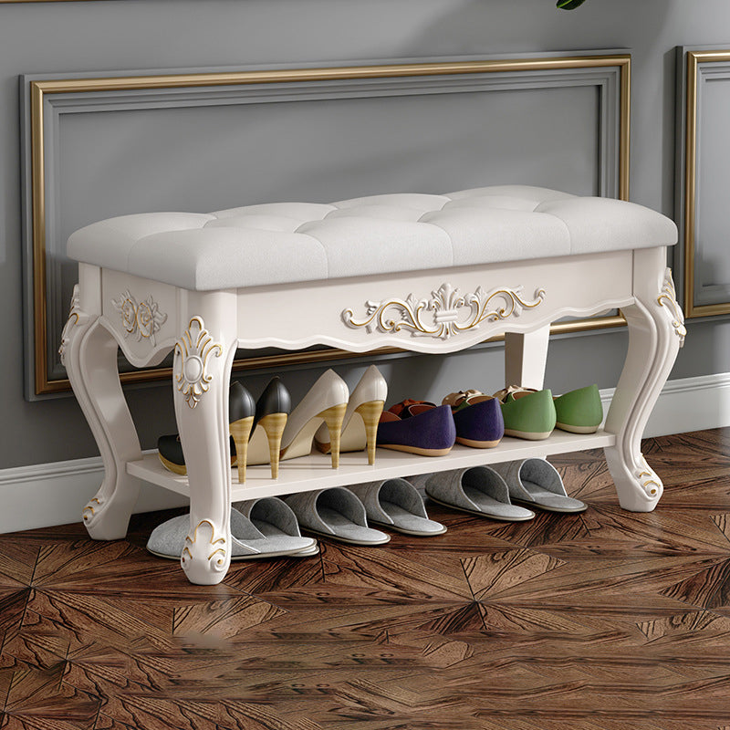 European Rectangular Engraved Leather Wood 2-Tier Footstool