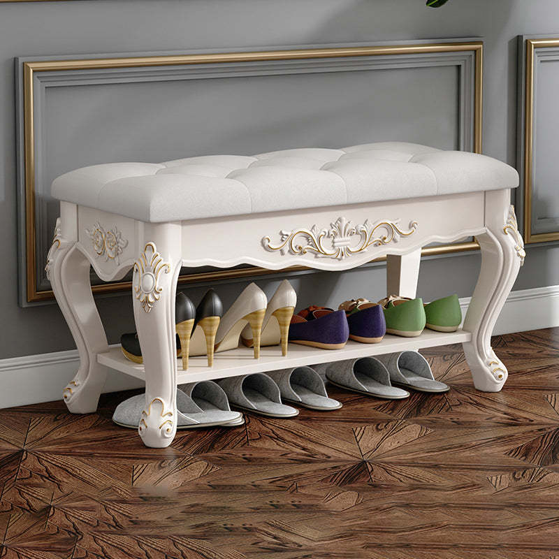 European Rectangular Engraved Leather Wood 2-Tier Footstool