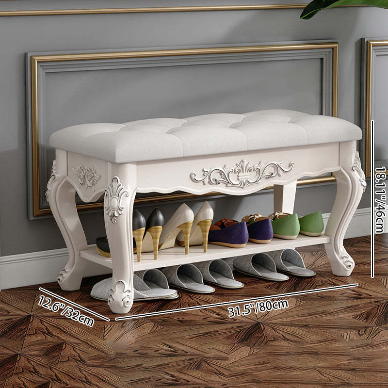 European Rectangular Engraved Leather Wood 2-Tier Footstool