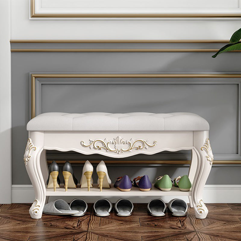 European Rectangular Engraved Leather Wood 2-Tier Footstool — Gold Engraving
