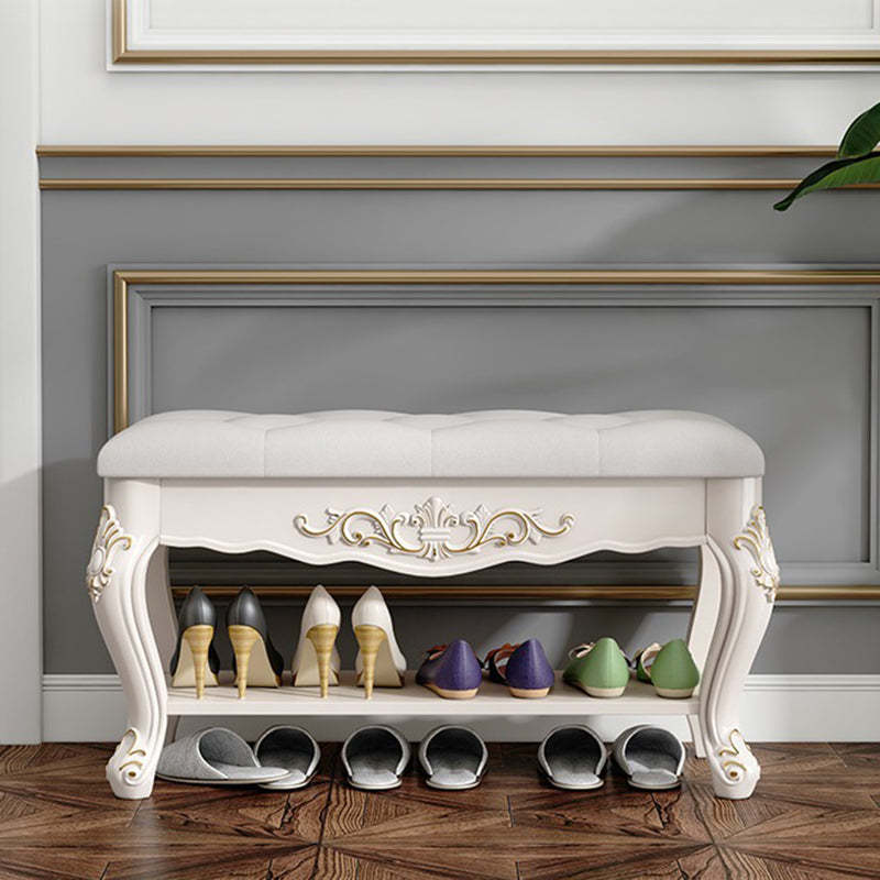 European Rectangular Engraved Leather Wood 2-Tier Footstool — Gold Engraving