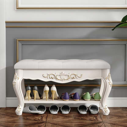 European Rectangular Engraved Leather Wood 2-Tier Footstool — Gold Engraving