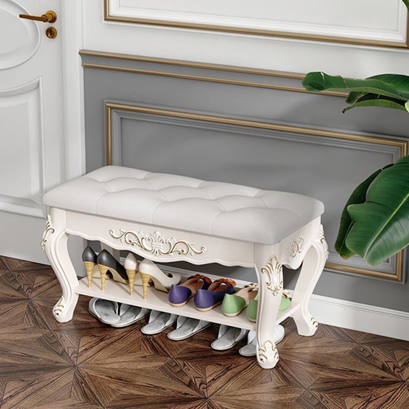 European Rectangular Engraved Leather Wood 2-Tier Footstool — Gold Engraving